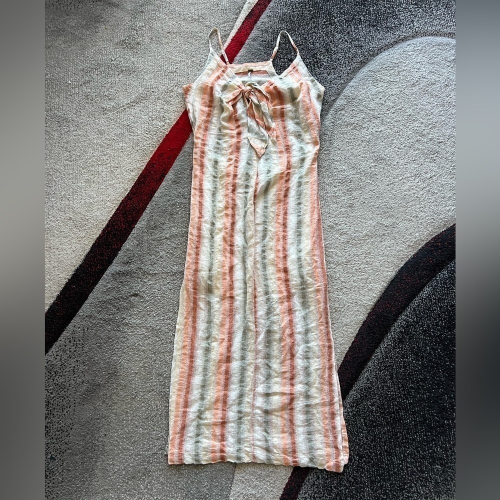 YFB Linen Blend Knot Front Striped MIDI Slip Dress
